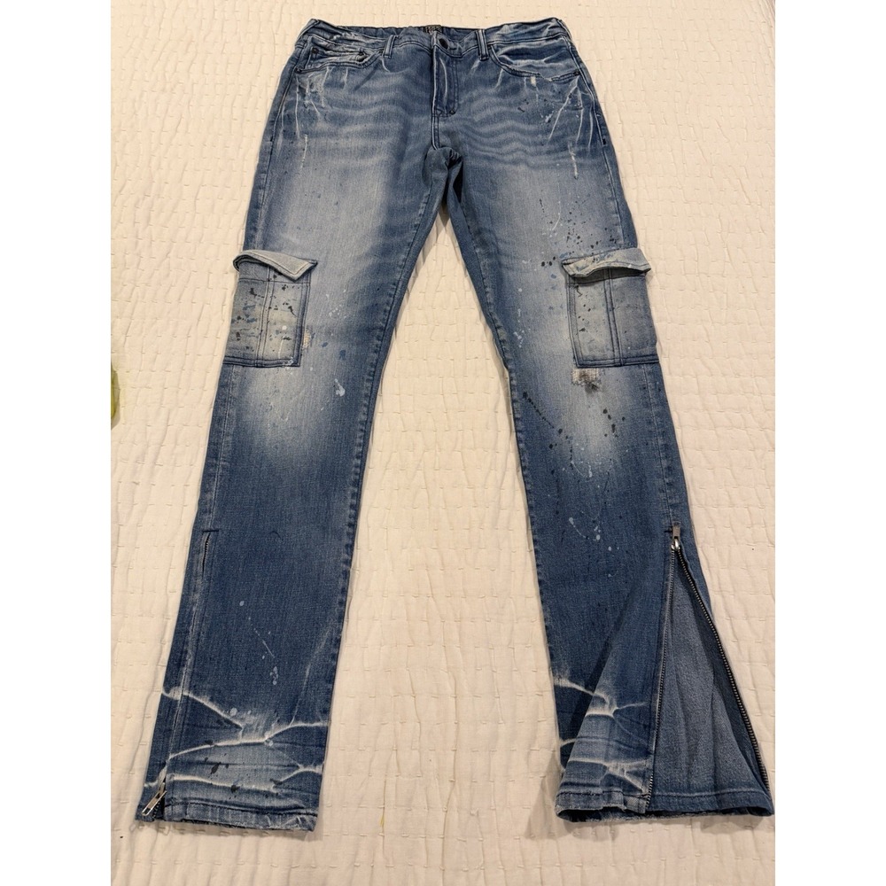 Prps Men's Blue Jeans  Lesabre Slim Tapered Fit With Ankle Zippers Paint Spatter